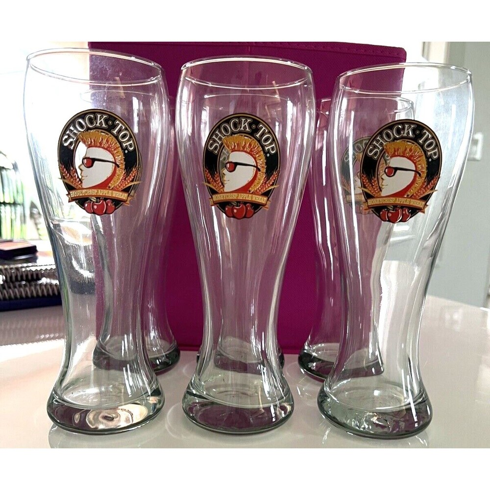 Lot of 6 Shock Top Pilsner Glasses Honeycrisp Apple Wheat Beer  Cider - 16 oz